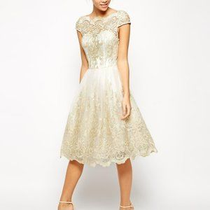 Chi Chi London Metallic Lace Midi Dress with Bardot Neck